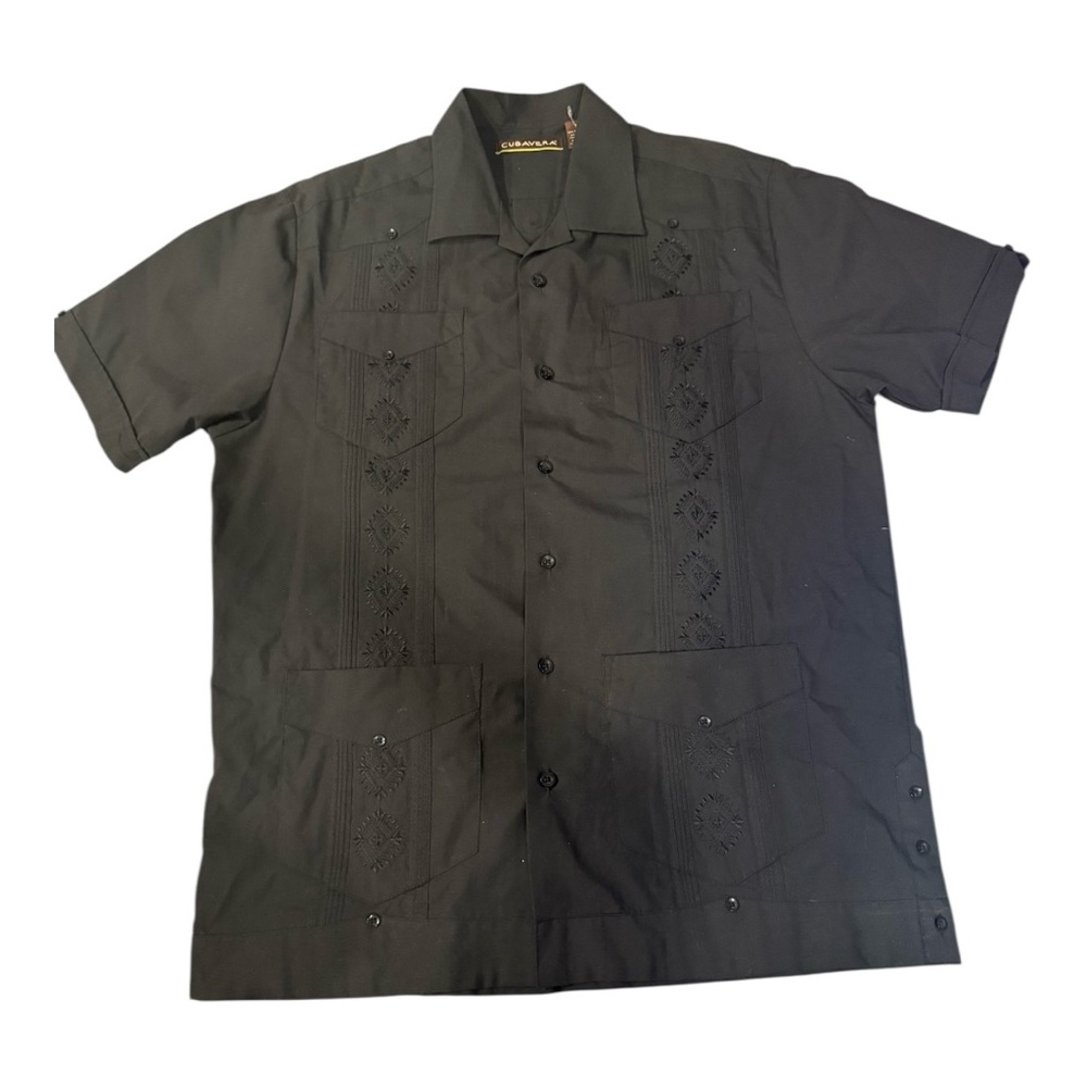 Men's Black Short Short Sleeve Button Down Guayavera Shirt